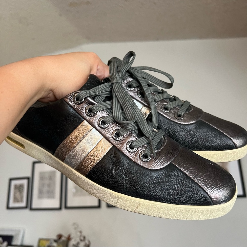Dolce & Gabbana Metallic Black/Grey Leather Striped Lace Up Sneakers Size 8.5 - Picture 14 of 16